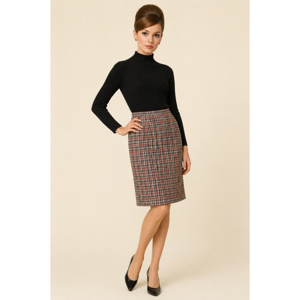 Vintage Red Black Plaid Pencil Skirt Sz‎ S High Waist Midi Lined Slit Academia